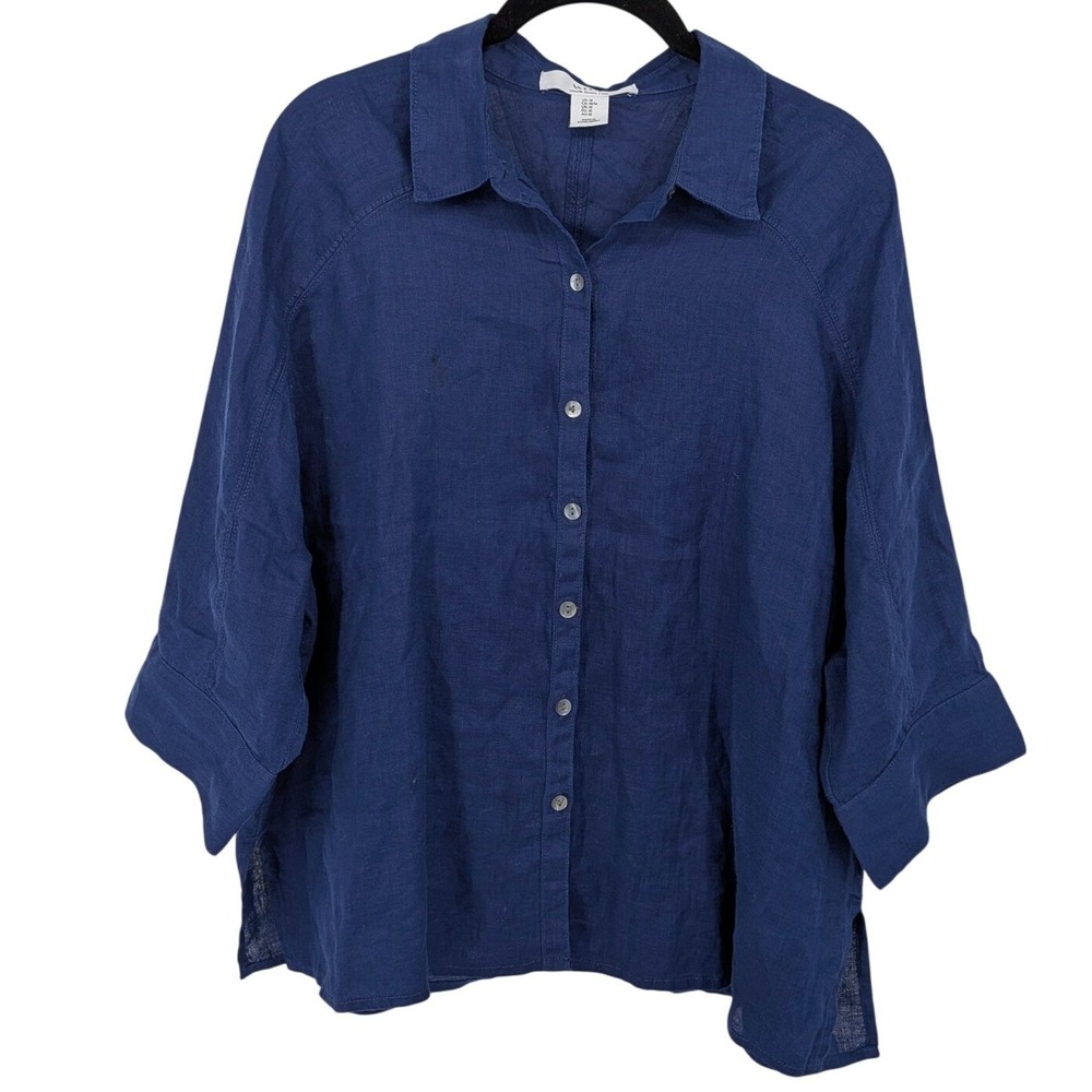 Wilt Button Down Top Women Medium Navy Blue 100% Linen Boxy Raglan Sleeve Casual